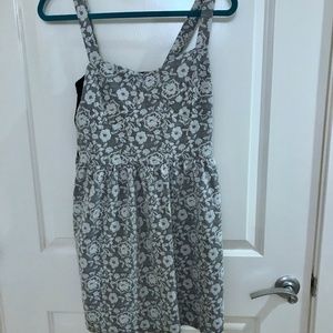 Gray and White Floral Print Dress - L - Zip Back